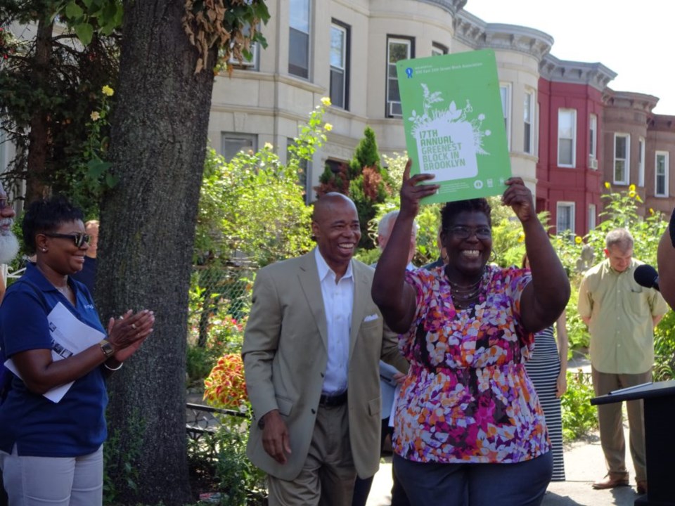 Greenest Block in Brooklyn, East 25th Street, Brooklyn Botanic Garden, National Grid, Brooklyn Borough President Eric Adams, Scot Medbury, 300 East 25th Block Association, urban gardening 