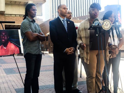 Gwen Carr speaks at press conference, protesting pay increase for the officer that killed her unarmed son, Eric Garner, while being arrested 