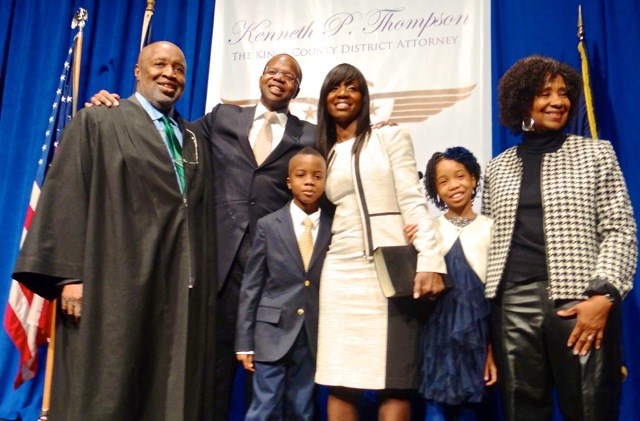 Kenneth Thompson (second from left) at his inaugural ceremony as Kings County District Attorney with (l to r) the Hon. Sterling Johnson, Jr., his son Kenny Thompson, his wife Lu-Shawn M. Benbow-Thompson, his daughter Kennedy Thompson and his mother Mrs. Thompson, cancer, dies