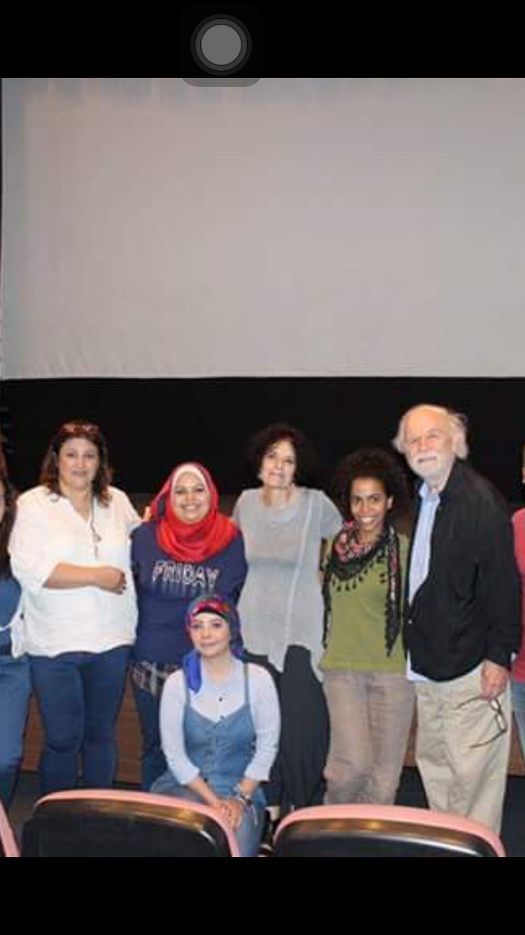 Students in Cairo Playwriting workshop I led, with translator, Effat (l) and actor George Bartenieff (r). Me in the middle with Wafaa, Eman, Nesma.
