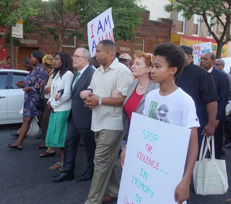 Senator Hamilton marches with colleaguess at Unity in the Community March. (L-R Assemblywoman Latrice Walker, Senator Velmanette Montgomery, Assemblywoman Diana Richardson, NYC Comptroller Scott Stringer, Senator Jesse Hamilton, Assemblywoman Jo Anne Simon, and Jesse Hamilton IV)