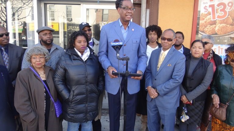 City Councilmember Robert Cornegy holds press conference on deed fraud. To his left L. Joy Williams, president of the NAACP, Brooklyn Chapter; the right, Richard Flateau, owner of Flateau Realty Corp