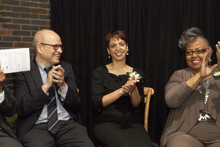 (l to r): Tony Finkelpearl, Commissioner of the NYC Department of Cultural Affairs; Dr. Indira Etwaroo, Executive Director for RestorationArt and Billie Holiday Theatre; and Marjorie Moon, Billie Holiday Theatre theatre's Executive Director Emeritus