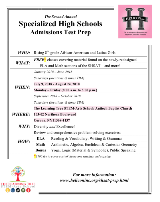 Specialized High School Admissions Test, SHSAT, BK Reader, Helicon Inc., Allanah Thomas, arithmetic, algebra, Euclidean geometry, Cartesian geometry, Learning Tree STEM-Arts School, Stem education, STEAM education, STEM, STEAM, Elite Eight, specialized high schools, specialized high schools NYC, SHSAT NYC, Department of Education,