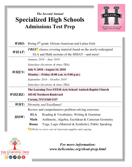 Specialized High School Admissions Test, SHSAT, BK Reader, Helicon Inc., Allanah Thomas, arithmetic, algebra, Euclidean geometry, Cartesian geometry, Learning Tree STEM-Arts School, Stem education, STEAM education, STEM, STEAM, Elite Eight, specialized high schools, specialized high schools NYC, SHSAT NYC, Department of Education, 