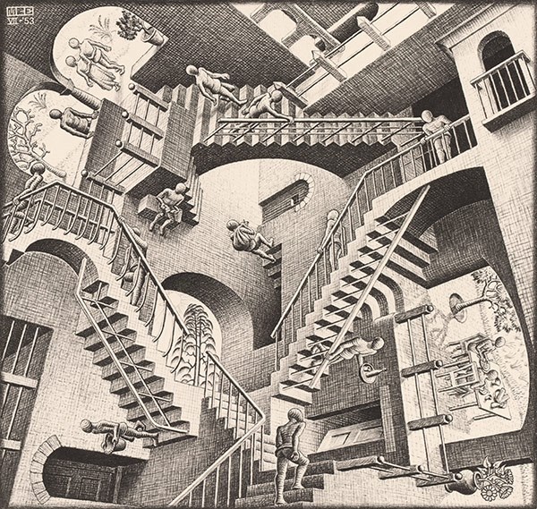 Mark Veldhuysen, Federico Giudiceandrea, M.C. Escher, BK Reader, Industry City, infinity, Waterfall, Metamorphosis, Maurits Cornelis Escher, graphic art, lithography, Dutch artist,