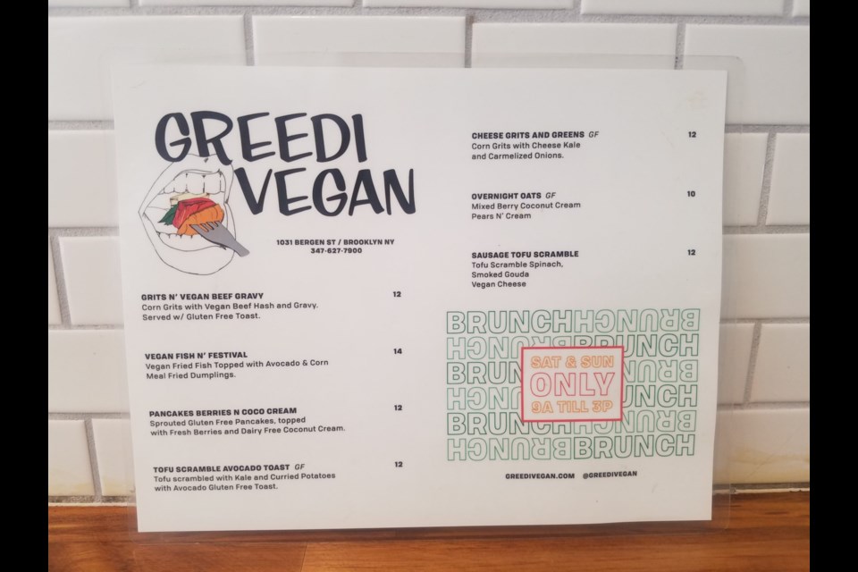 Greedi Vegan&#8217;s weekend brunch menu. Photo: Shanell Culler- Sims for BK Reader
