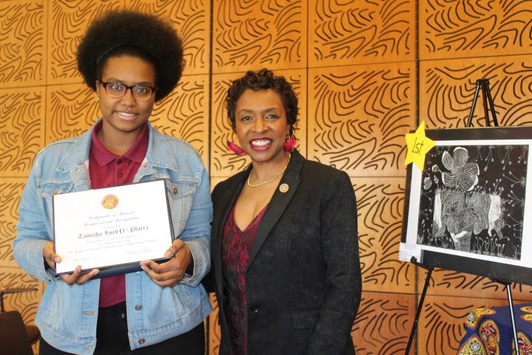 The 2018 Congressional Art Competition winner Tanisha Lord and Rep. Yvette D. Clarke.