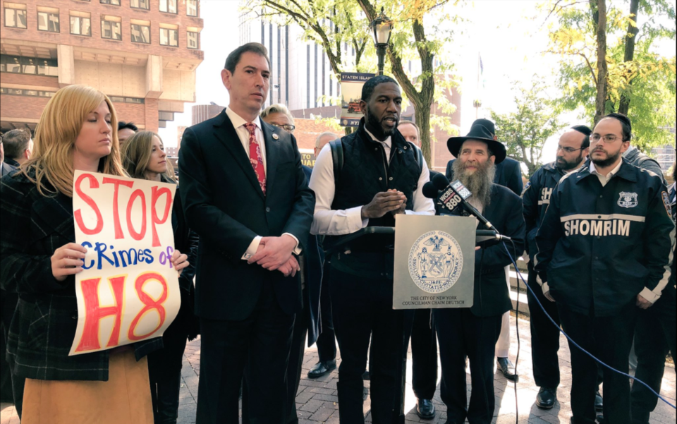 Councilmembers Chaim Deutsch (left), Jumaane Williams (middle) and community members gathered to take stand against recent anti-Semitic attacks