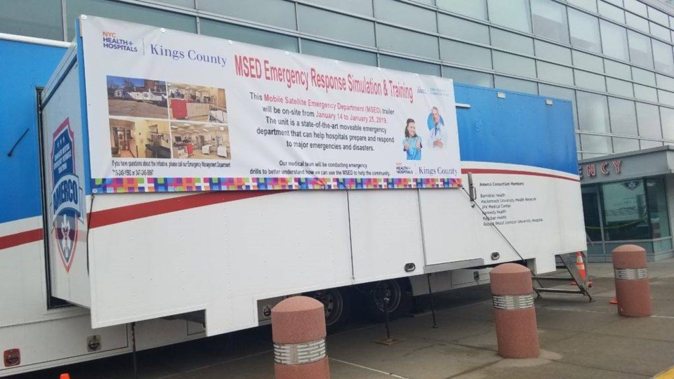 NYC Health + Hospitals/Kings County staff conducted an emergency response simulation inside a Mobile Satellite Emergency Department trailer.