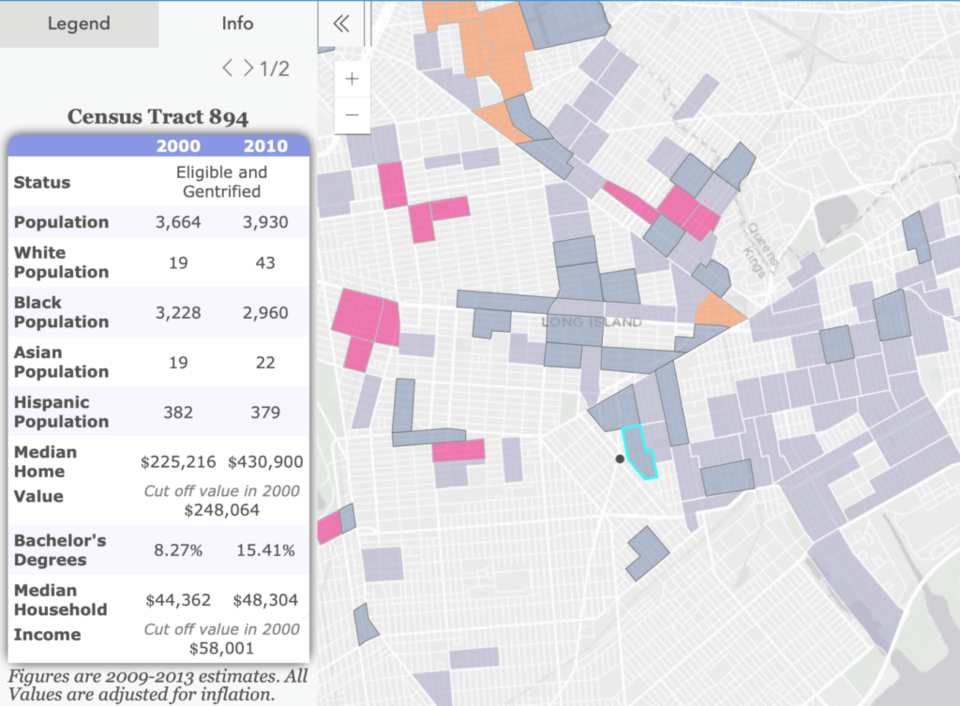 A new map shows that parts of Brownsville have already begun gentrifying while other sections may be up next for the economic shift. 