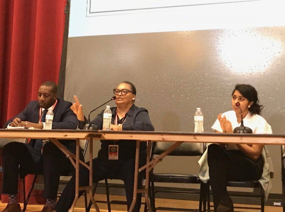 (L-r) Dr. Torian Easterling, One Brooklyn Health CEO LaRay Brown, Divya Sundaram of Community Voices Heard. Photo credit: A. Leonhardt for BK Reader