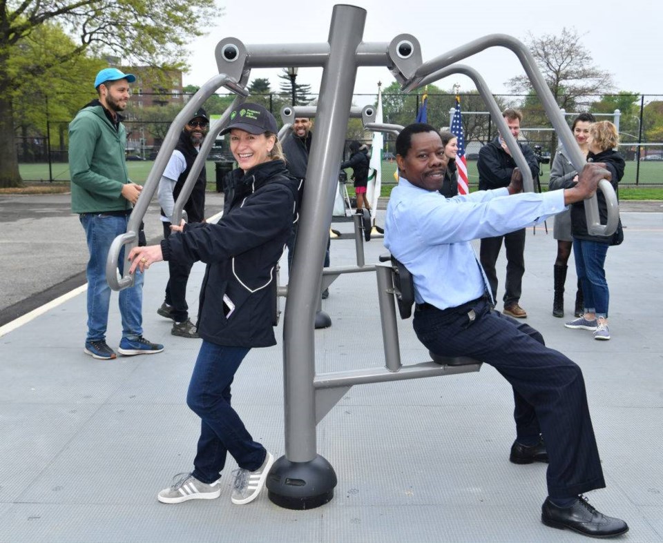 The new adult recreation area features 12 different types of fitness equipment.