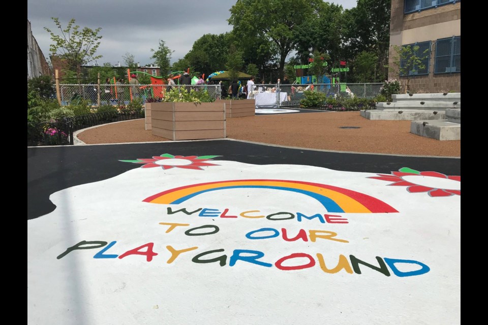 The colorful entrance to the new Crown Heights playground.