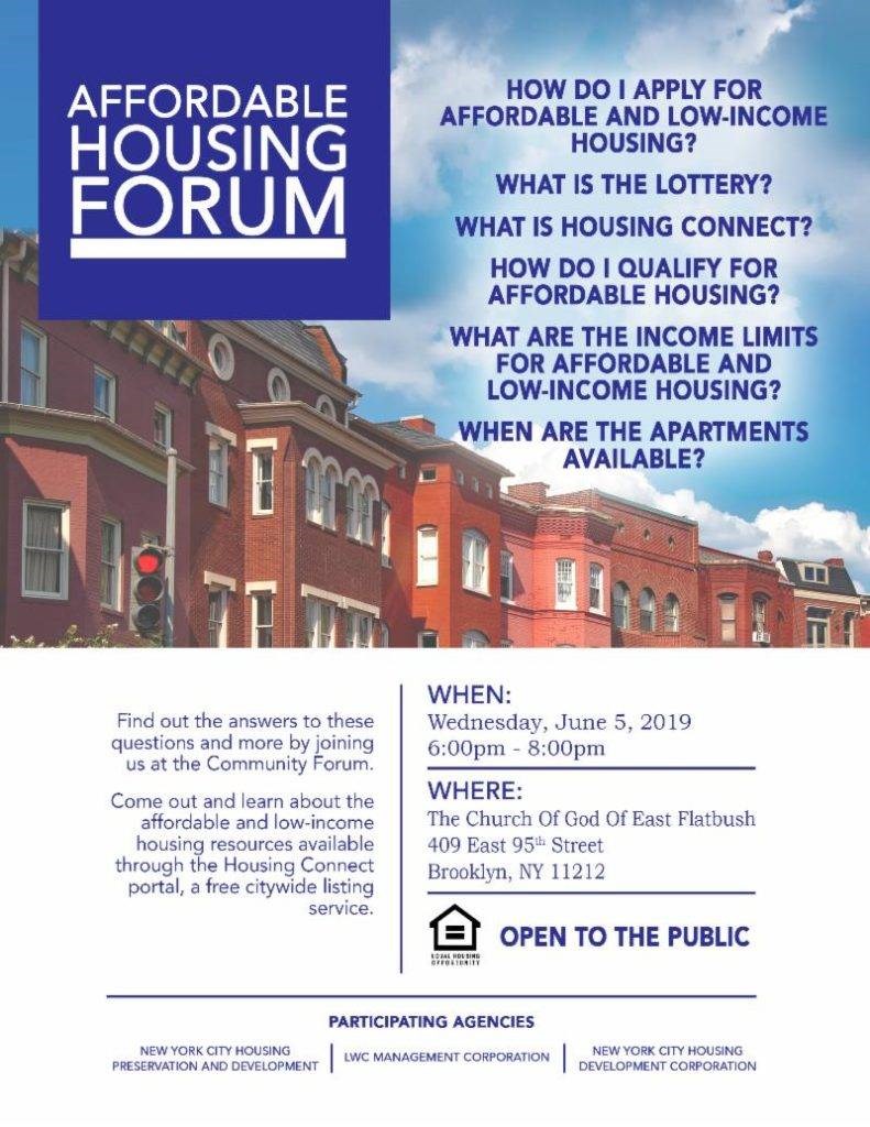 City Council Majority Leader is hosting an affordable housing forum at The Church of God of East Flatbush on Wednesday, June 5.  