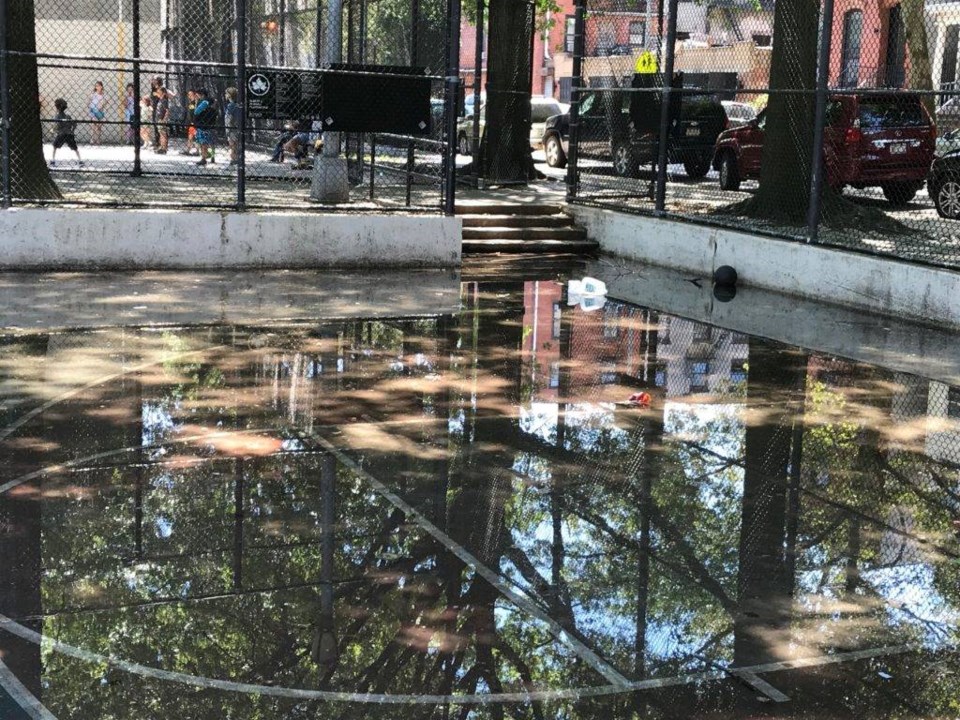 Garbage sitting in a stagnant pool of water in a Clinton Hill playground