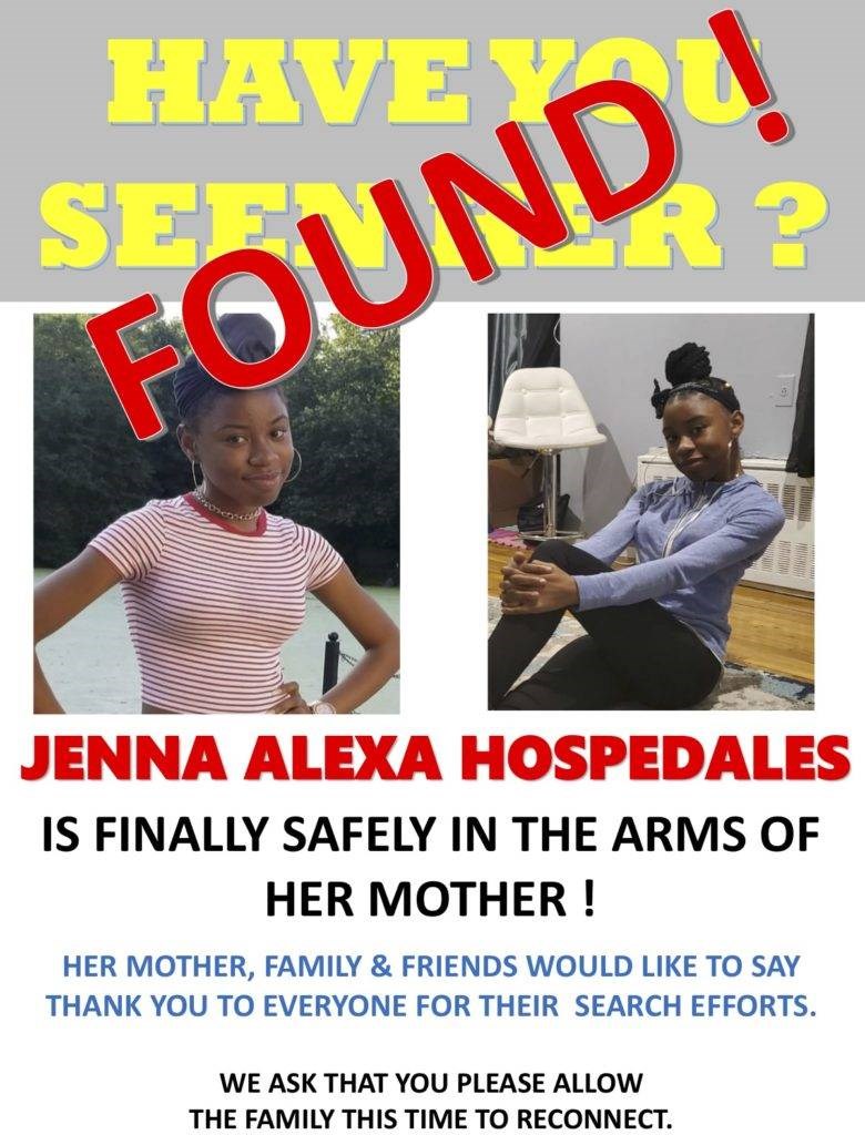 Jenna Hospedales, found, safe