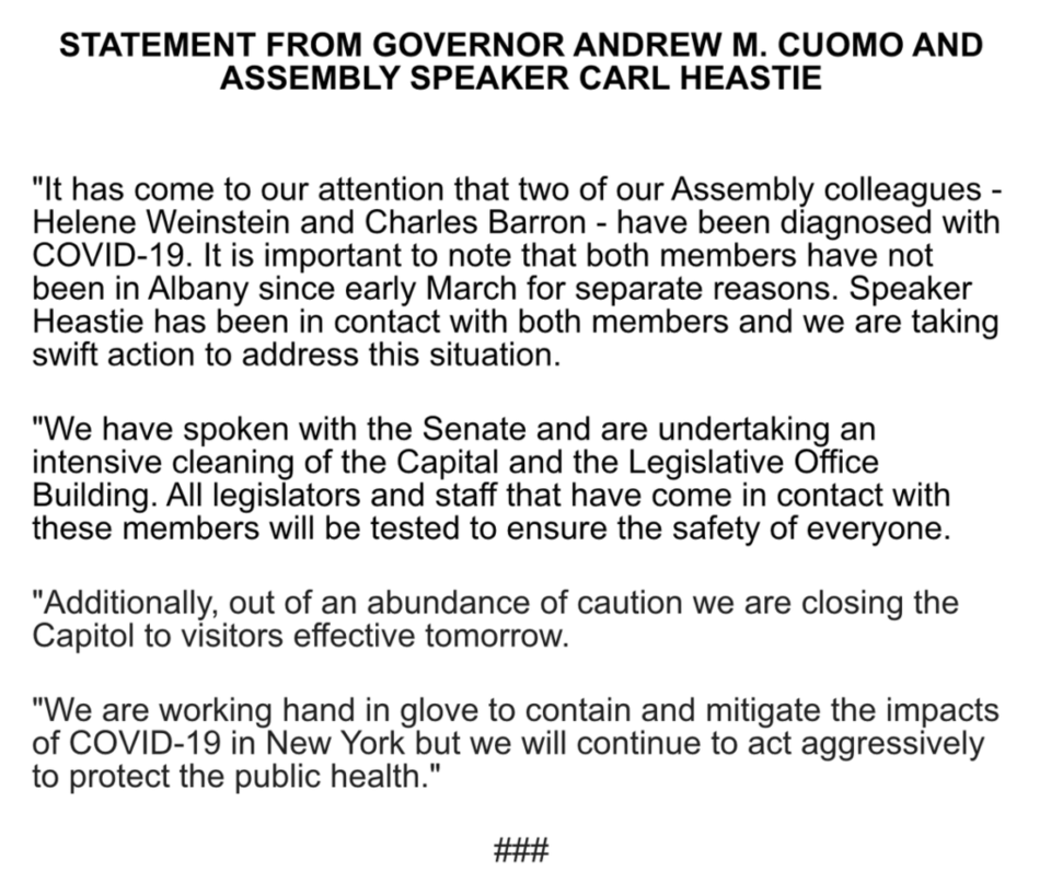 confirmed cases, New York City, New York State, elected officials, Governor Andrew Cuomo, Ritchie Torres, Charles Barron, Helene Weinstein