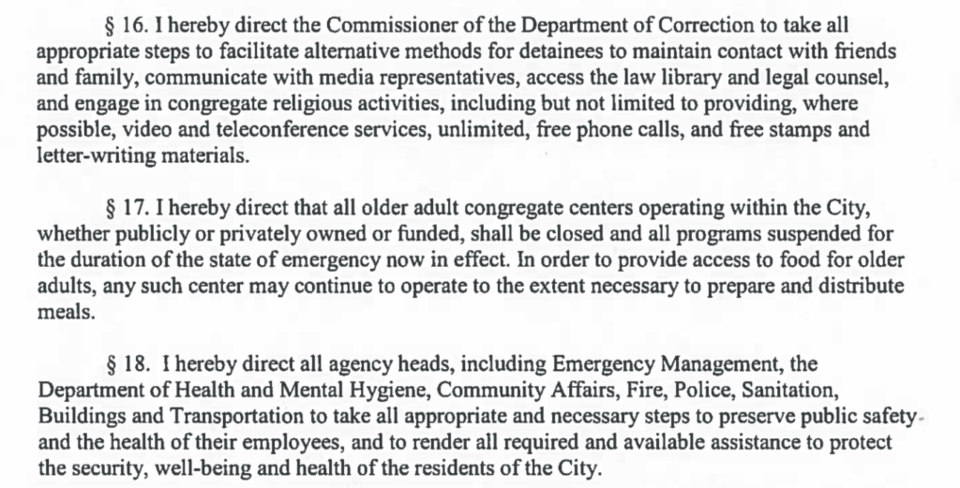 Bill de Blasio, emergency executive order, excerpts, letter, closures, bans, New York City, Covid-19, Coronavirus