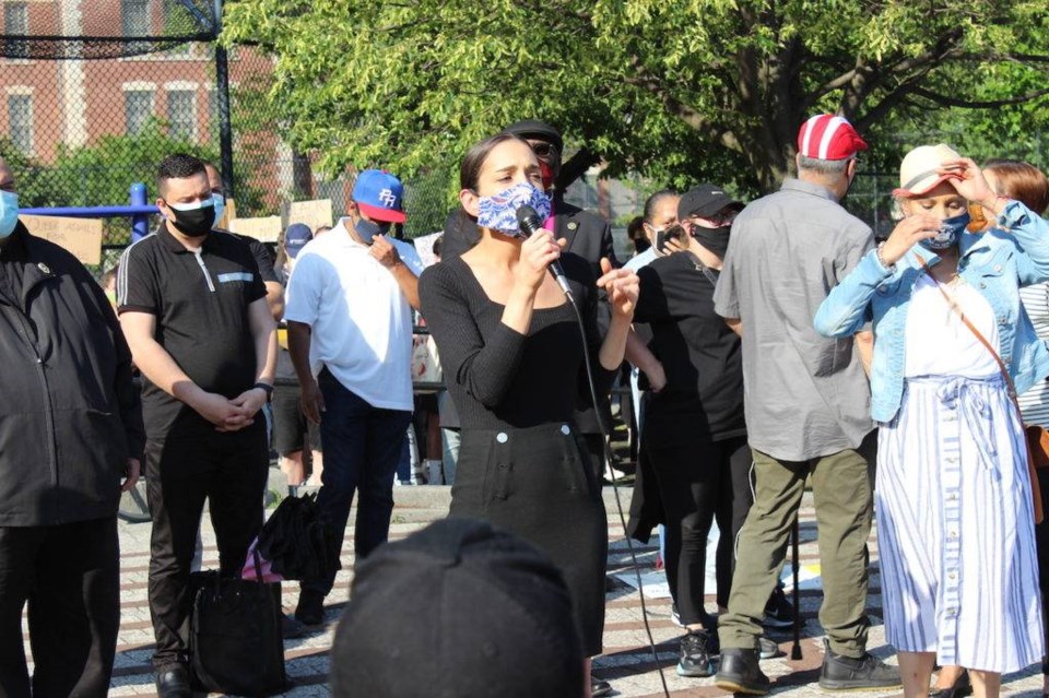 Senator Julia Salazar urges the crowd to fight to repeal section 50-a. Photo: Anna Bradley-Smith.