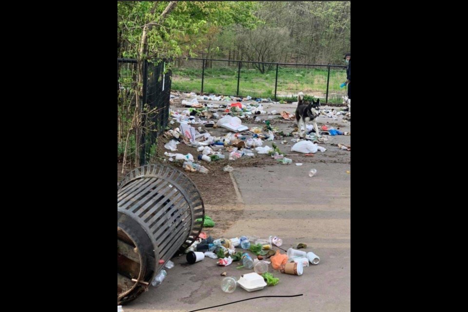 Prospect Park had a number of trash cans overturned Tuesday night. Photo: Facebook.