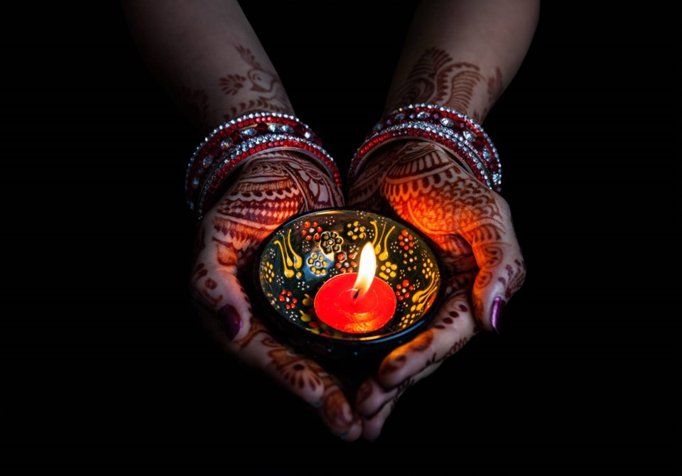 Diwali, Woman,Hands,With,Henna,Holding,Lit,Candle,Isolated,On,Black
