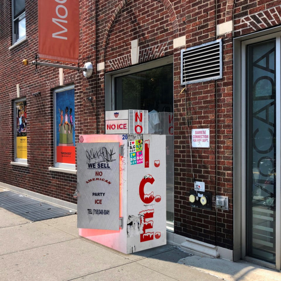 A rendered image of what the NO I.C.E. BOX will look like outside MoCADA in Fort Greene. Photo: provided. 