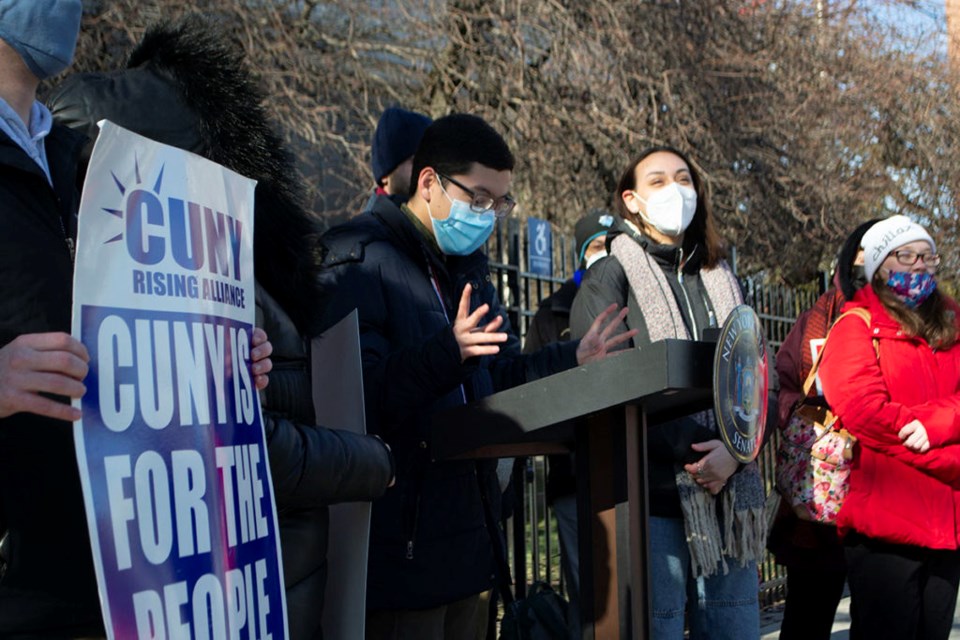 Baruch College student Edward Sanchez speaks