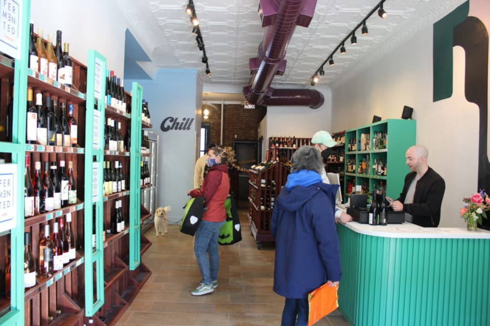 Fermented Grapes' interior, with helpful signs and a wide selection. Photo: Miranda Levingston for the BK Reader. 