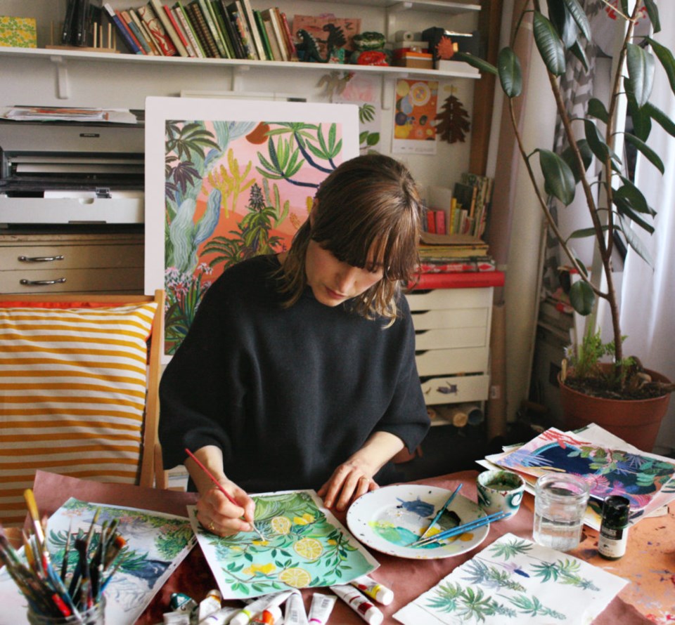 Laura Garcia Serventi in her Bed-Stuy studio working on one of her strain paintings. Photo: provided.