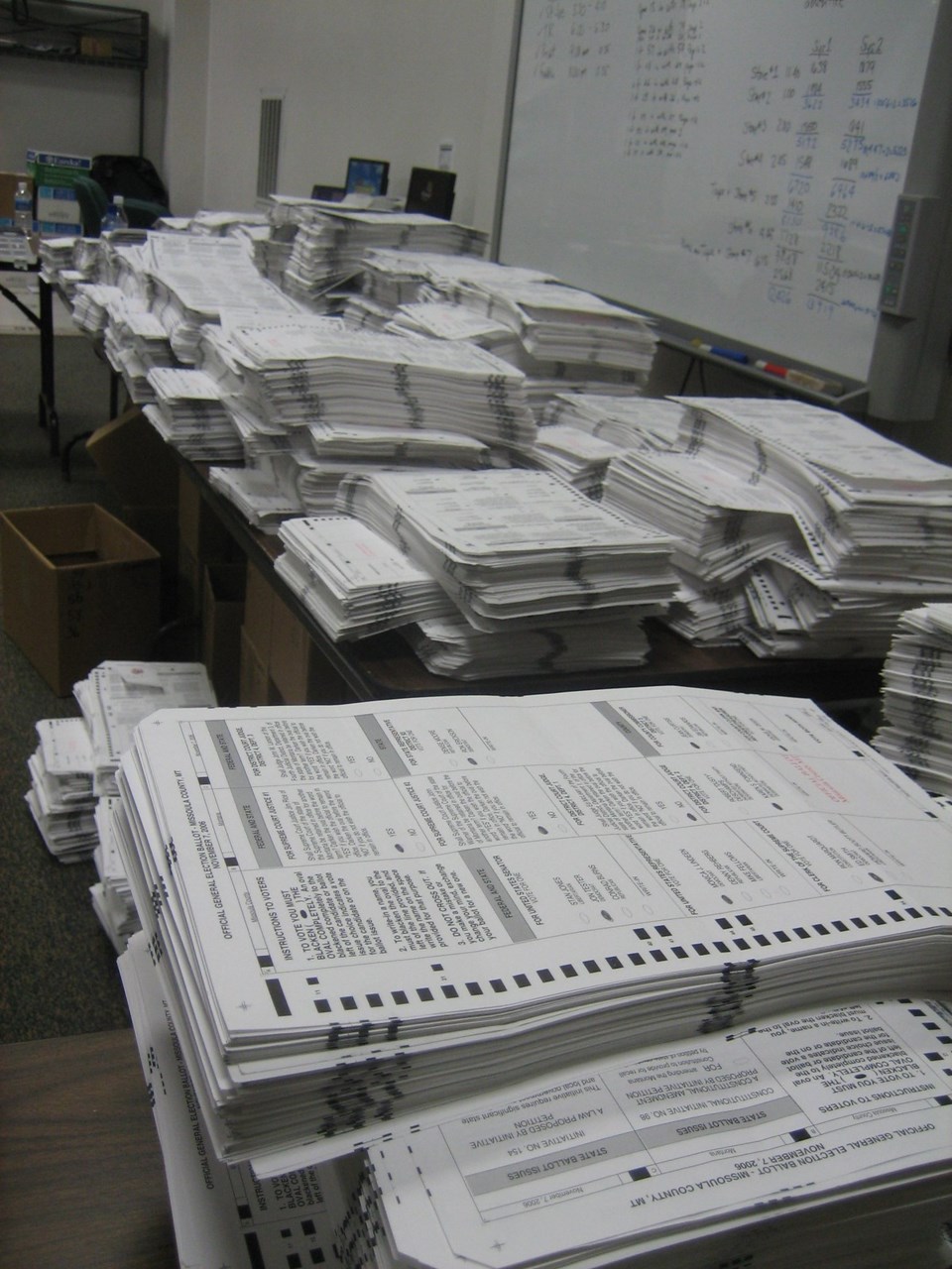 Stacks of absentee voting ballots.