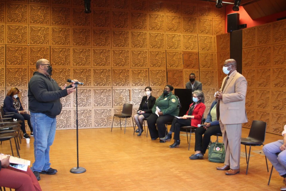 Kevin Byrdsong asks Department of Transportation representative Leroy Branch about street sharing. Photo: Miranda Levingston for the BK Reader.