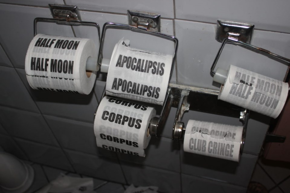 A cheeky detail from the bathroom at Warsaw in Williamsburg encouraged friendly competition. Photo: Miranda Levingston for the BK Reader.