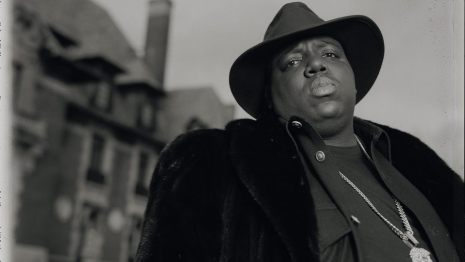 Black and white image of Notorious B.I.G.