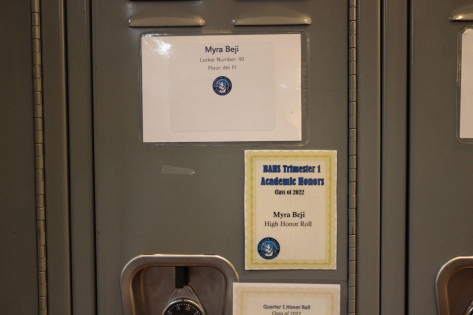 Myra Beji's locker and her high honor roll award. Photo: Miranda Levingston for the BK Reader.