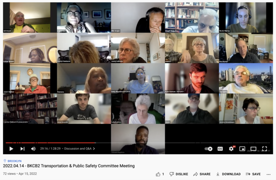 Some of the Community Board 2 Members at a virtual meeting in April. Community Board 2 represents Brooklyn Community District 2, the area where all three of the new Open Streets are located. Photo: Miranda Levingston for the BK Reader.