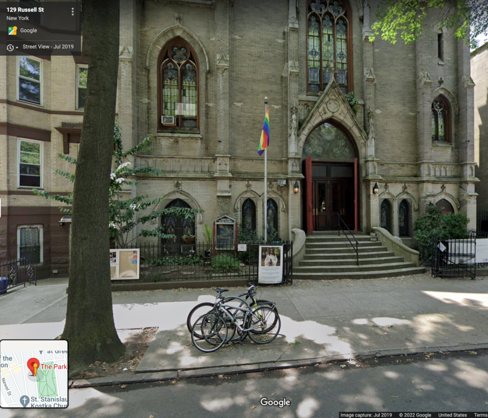 Google Street View image of the Park Church Co-op in Greenpoint, Brooklyn in July 2019.