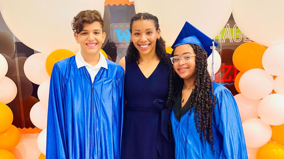 Success Academy Harlem West scholars Isaiah Pena and Laila Shaw with Assistant Principal Olivia Levey.