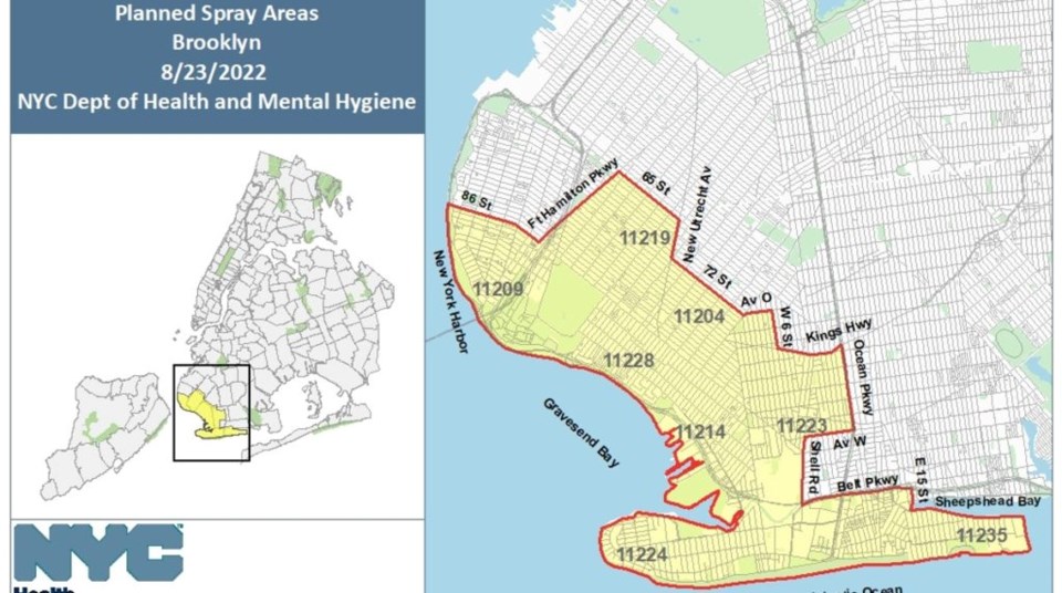 Trucks will spray pesticides for mosquitoes in sections of Brooklyn beginning on Tuesday, Aug. 23.