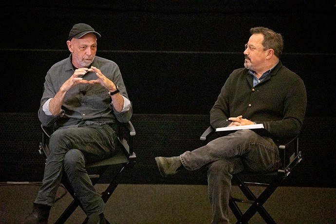 Celebrated cinematographer Stuart Dryburgh (left) offered a master class for students at the school on April 7 and served as a Filmmaker-in-Residence during the Spring 2022 semester. At right is Richard N. Gladstein, Executive Director for Brooklyn College’s Feirstein Graduate School of Cinema.  