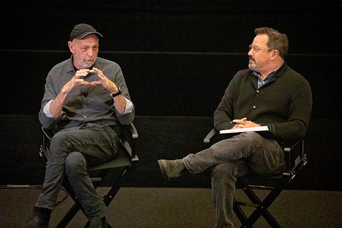 Celebrated cinematographer Stuart Dryburgh (left) offered a master class for students at the school on April 7 and served as a Filmmaker-in-Residence during the Spring 2022 semester. At right is Richard N. Gladstein, Executive Director for Brooklyn College’s Feirstein Graduate School of Cinema.