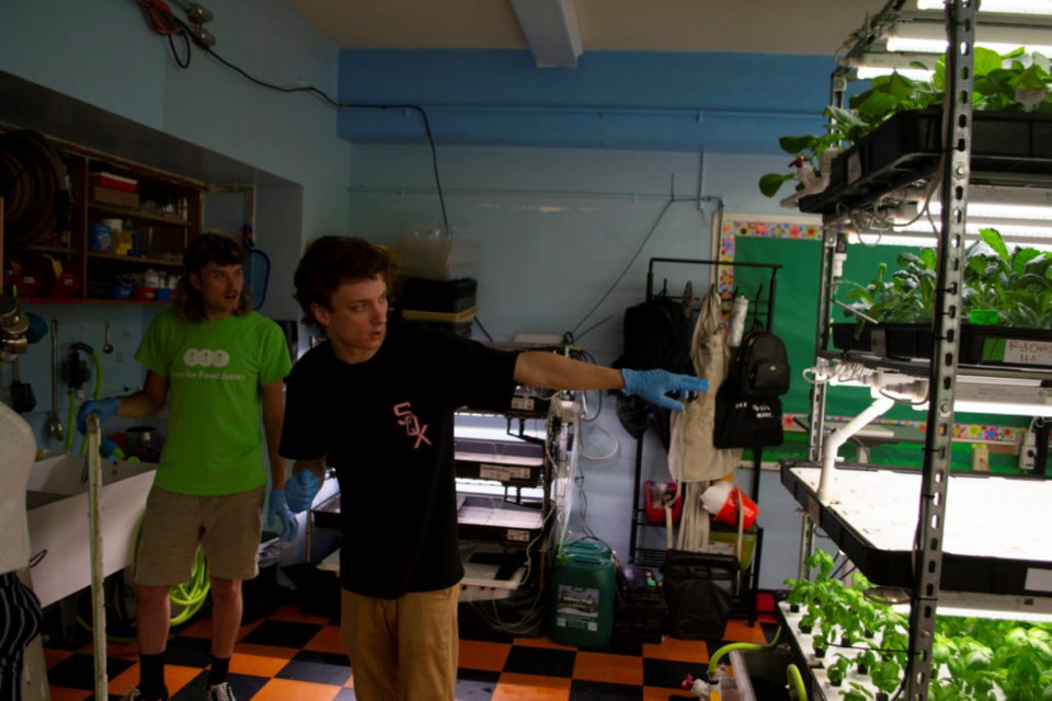 Connor Gorsira and Ezra Orlinski can be seen working, with Orlinski pointing at a plant.