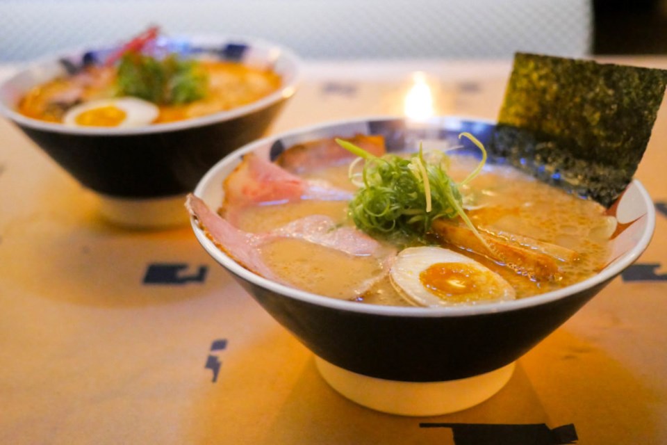 Classic Tokyo Tonkotsu Ramen in the forefront, with the Spicy Tan Tan Ramen behind.