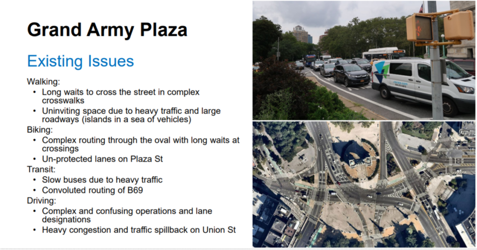 a screenshot of a Power Point presentation, highlighting existing issues in Grand Army Plaza, including long waits to cross the street in complex crosswalks, uninviting space due to heavy traffic, complex routing through the oval, slow buses, and complex and confusing operations and lane designations.