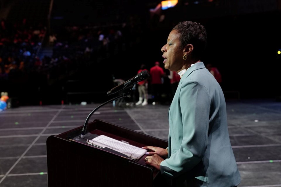 NYC Council Speaker Adrienne Adams presents keynote to IWG students. Photo: Provided/ IWillGraduate/QLICK Photography.