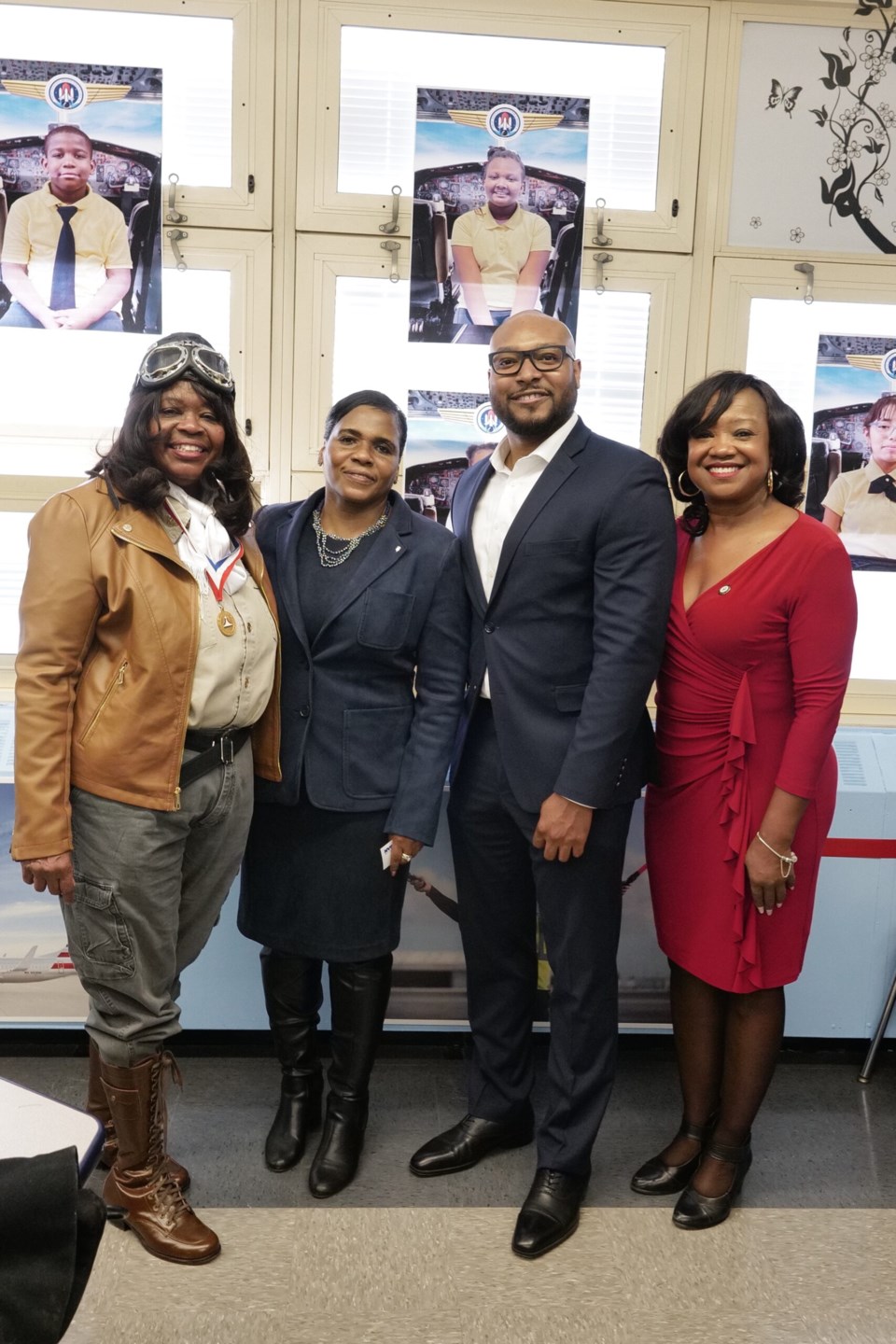 Pictured left to right: Gigi Coleman, great-niece of Bessie Coleman; Principal Lena Gates, P.S. 5; Jaime Gates, American Airlines senior analyst; Darlene Mealy, City council member. Photo: Provided/P.S. 5.