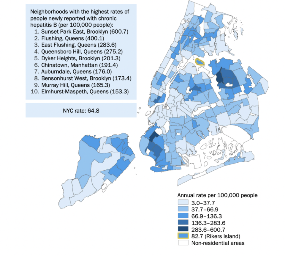 Neighborhoods with the highest rates of people with newly reported hepatitis B. Image: Provided/ NYCDOHMH.