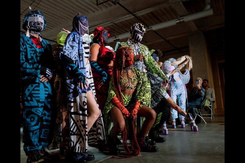 The models for British-Balinese designer BamBam pose at the conclusion of Fashion Week Brooklyn's Global Fashion Runway at the Brooklyn Navy Yard, Saturday Apr. 15, 2023.
Photo: Dustin Lin for BK Reader