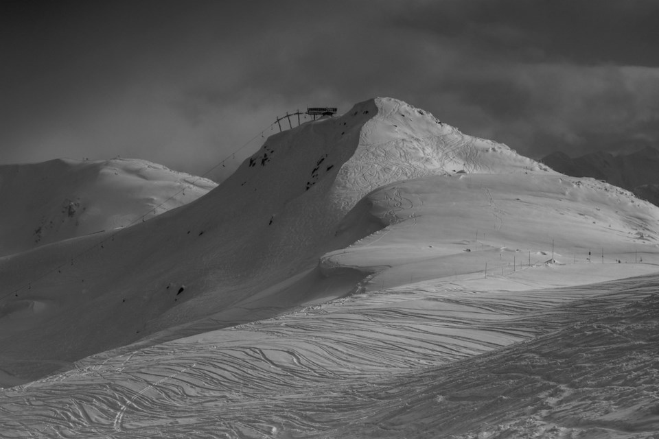 Black and white landscape of a snowy mountain top