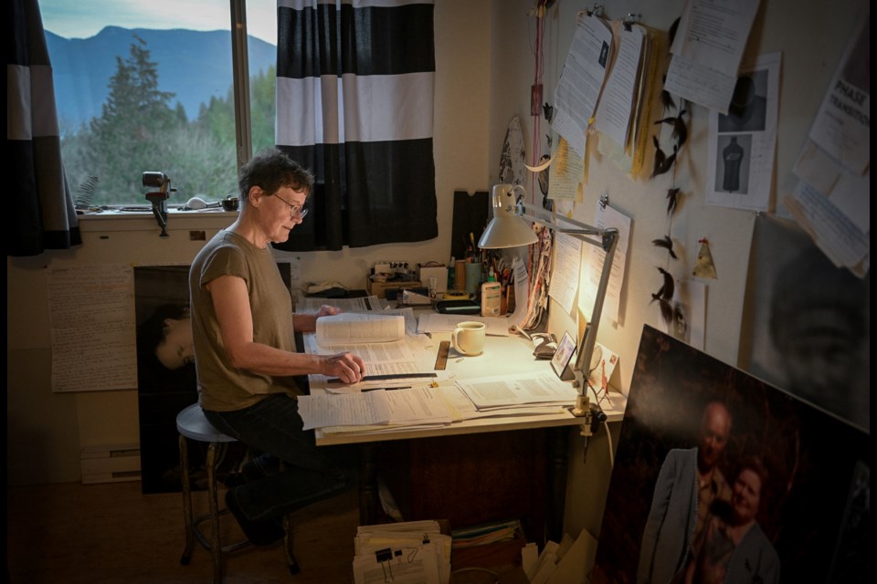 Bowen Island Community Foundation Featured Artist 2024–26 Fae Logie at work in her studio, December 2023.